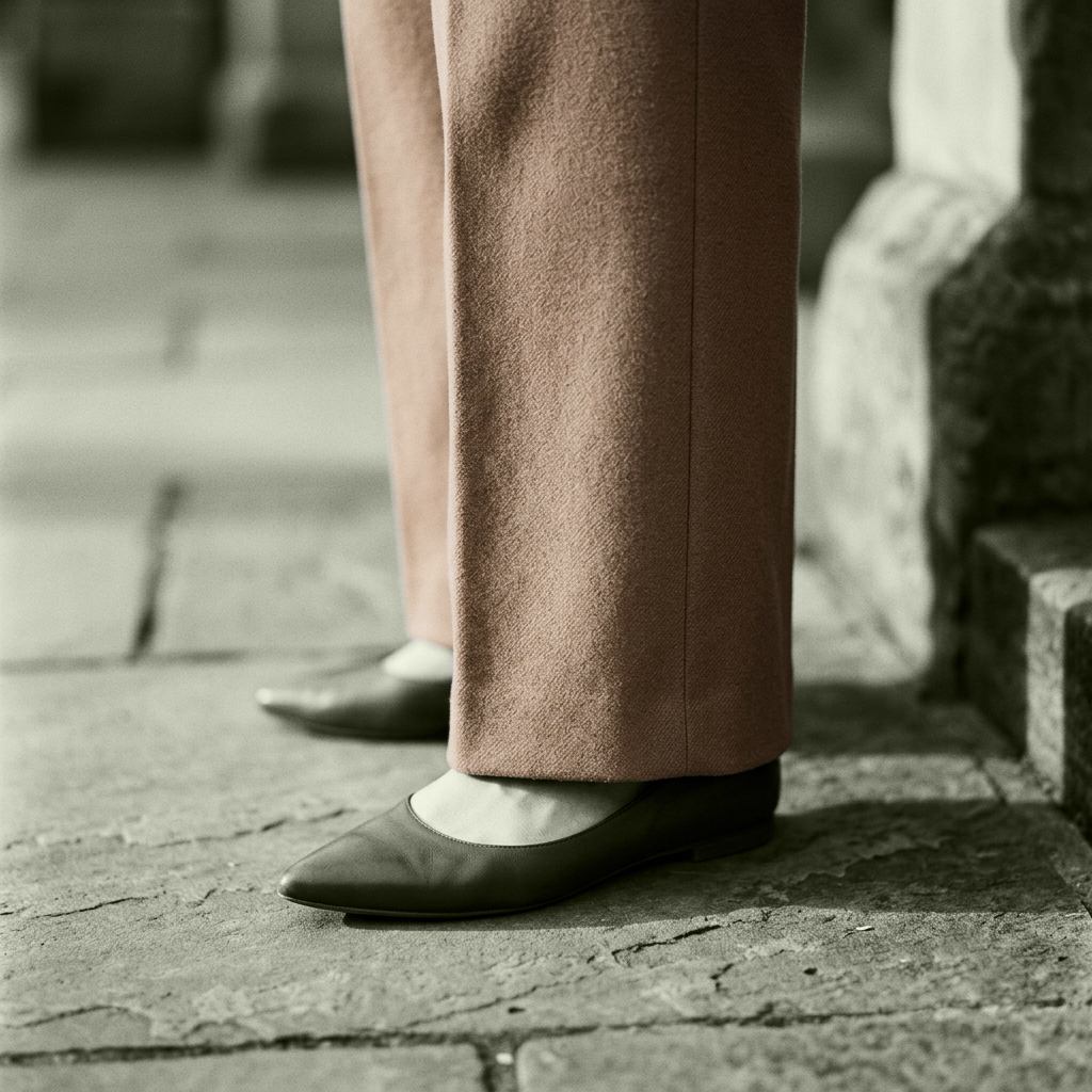 A petite trouser breaking cleanly at the ankle over flat shoes