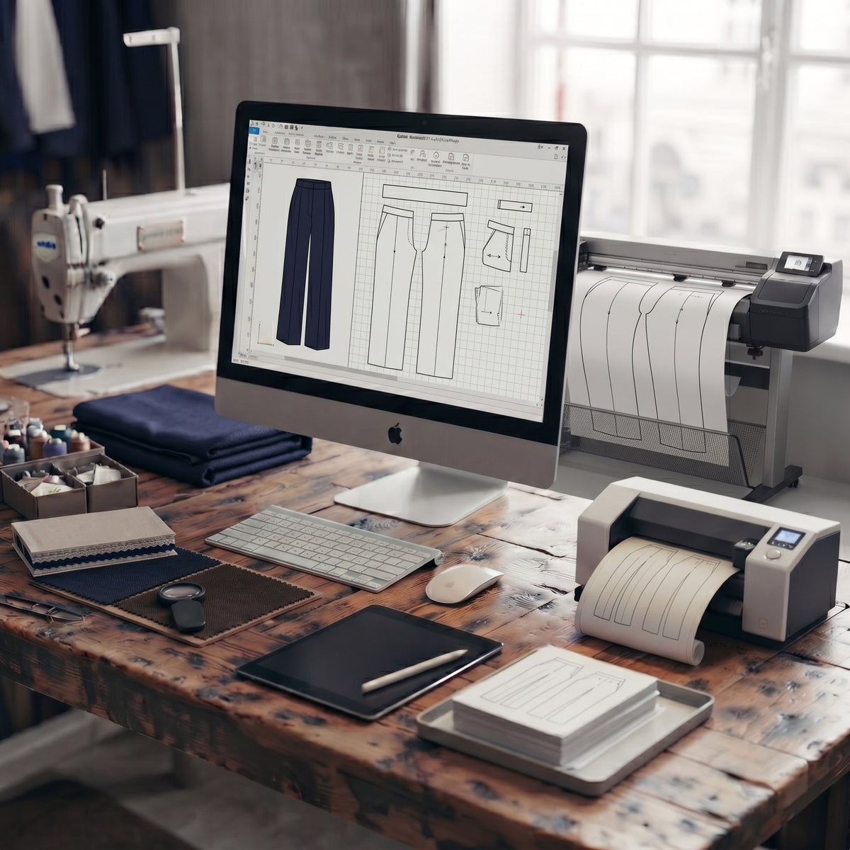Pattern making for petite dress pants beside a sewing machine and a plotter printing pattern pieces