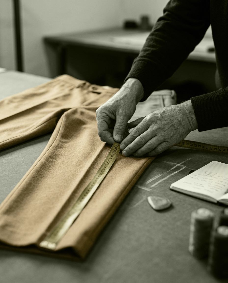 A tailor measuring the length of a dress pant leg on the workroom table