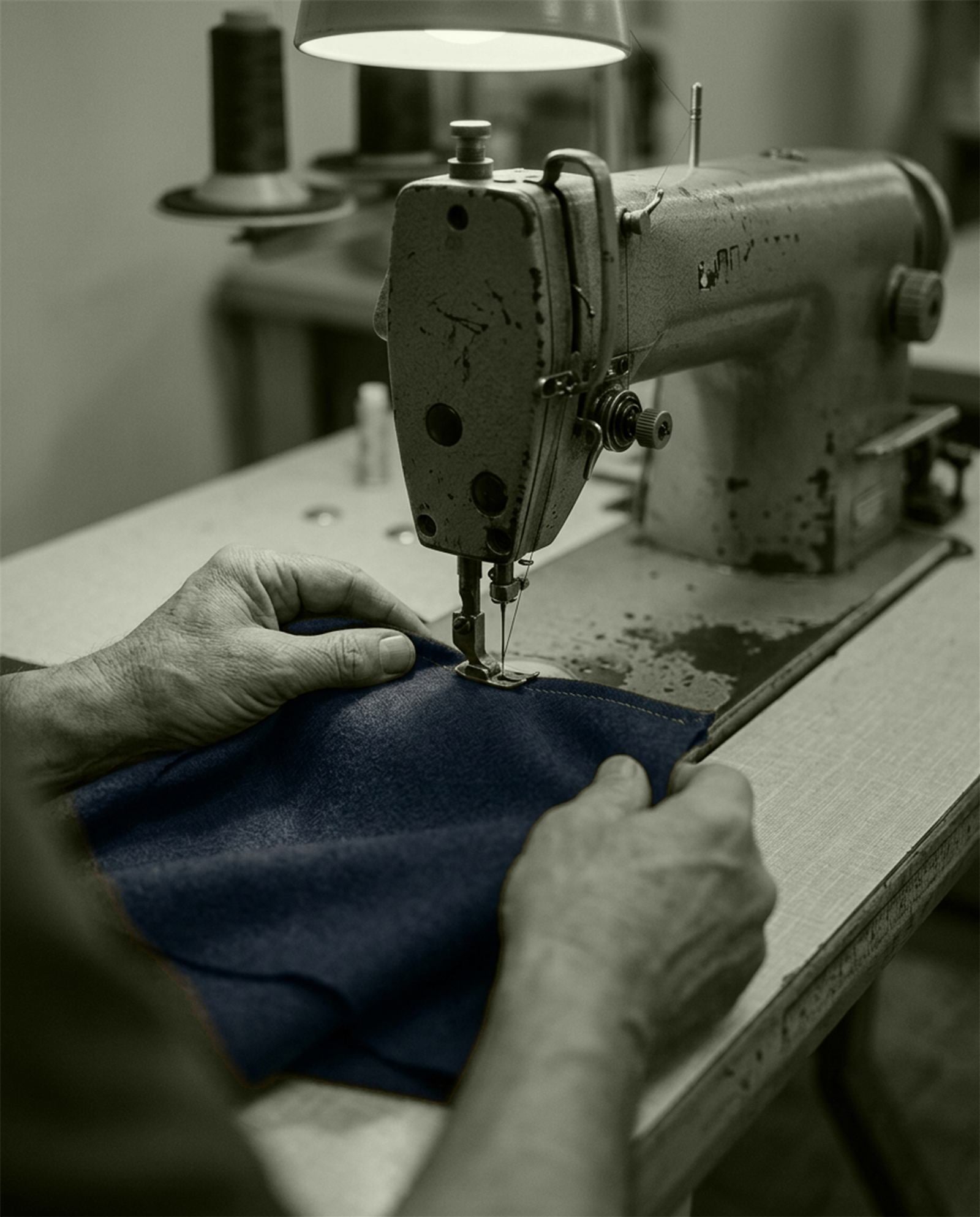 Hands guiding fabric through a sewing machine in the workroom