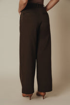 Petite dress pants in Espresso, a deep warm brown, back view showing the back pockets and clean drape, The Petite Standard