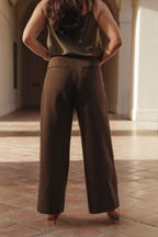 Petite dress pants in Espresso, a deep warm brown, back view showing the back pockets and clean drape, The Petite Standard