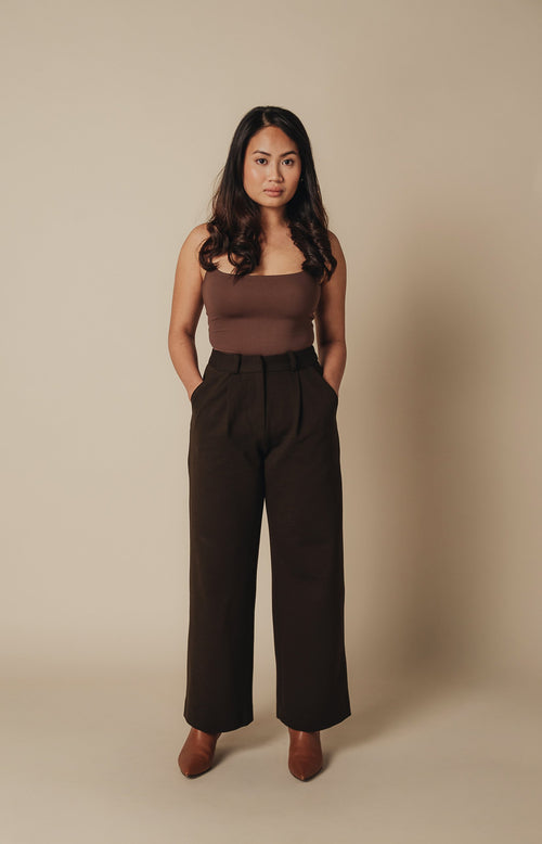Petite dress pants in Espresso, a deep warm brown, front view in the studio, wide straight leg cut for petite proportions