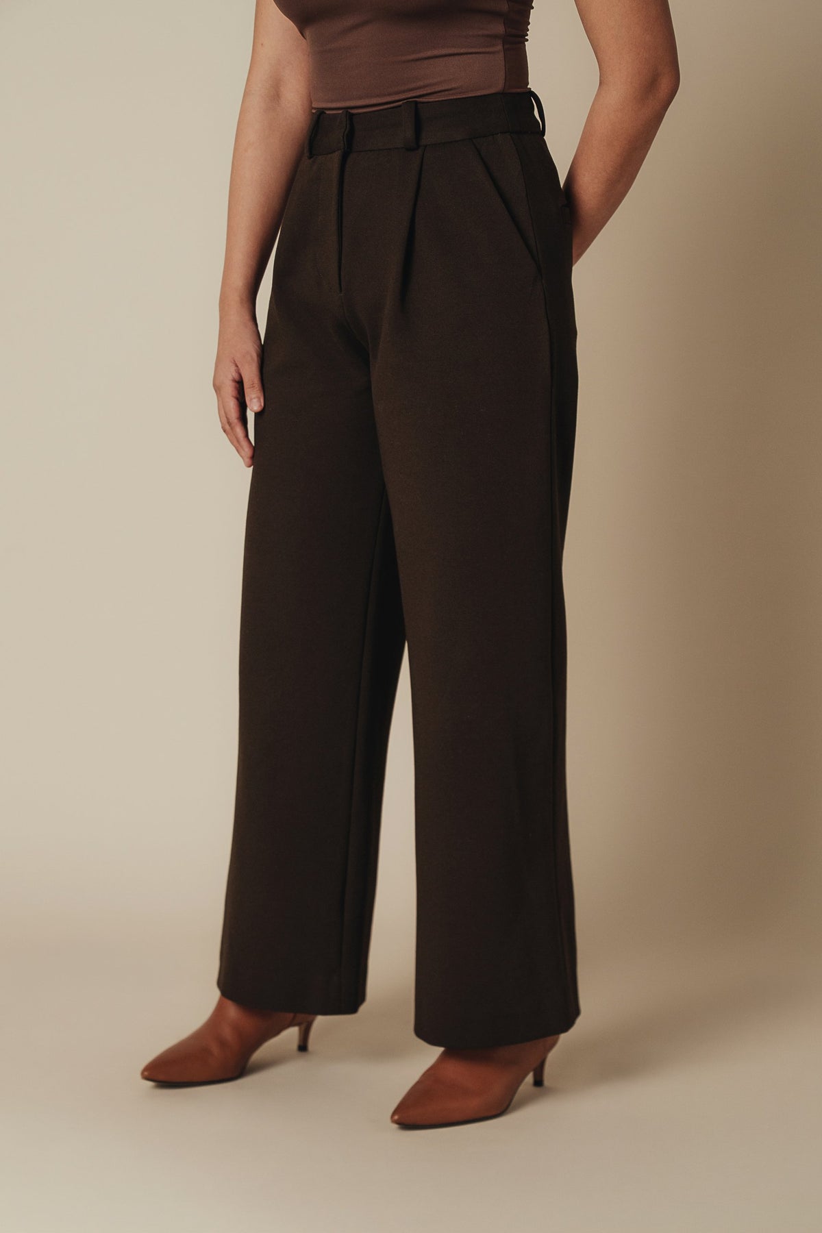 Petite dress pants in Espresso, a deep warm brown, side view showing the high rise and wide straight leg, The Petite Standard