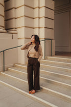 Petite dress pants in Espresso, a deep warm brown, styled for work outdoors at Pasadena City Hall, The Petite Standard