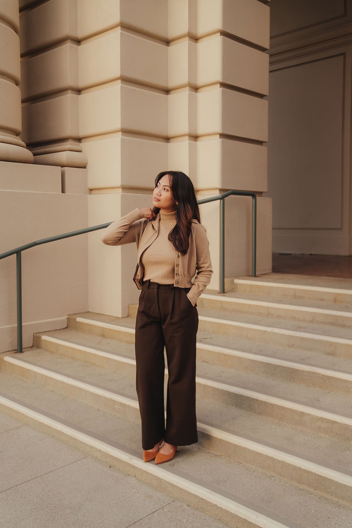 Petite dress pants in Espresso, a deep warm brown, styled for work outdoors at Pasadena City Hall, The Petite Standard