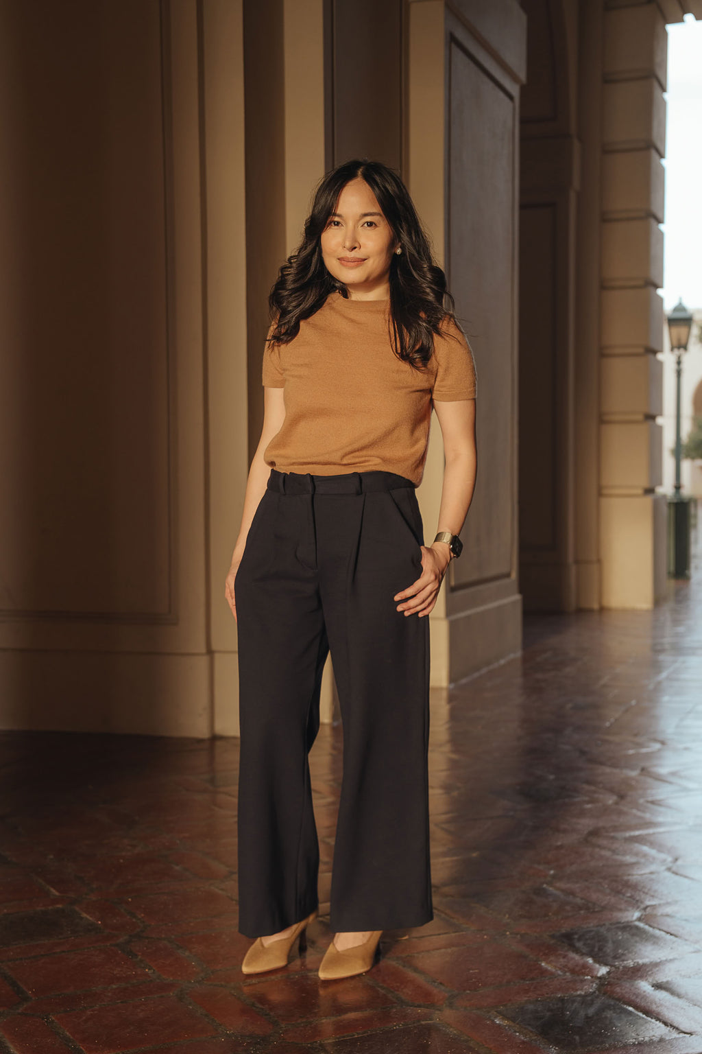 Petite dress pants in Midnight, a deep navy blue, styled for work outdoors at Pasadena City Hall, The Petite Standard