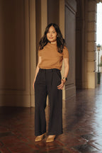 Petite dress pants in Midnight, a deep navy blue, styled for work outdoors at Pasadena City Hall, The Petite Standard