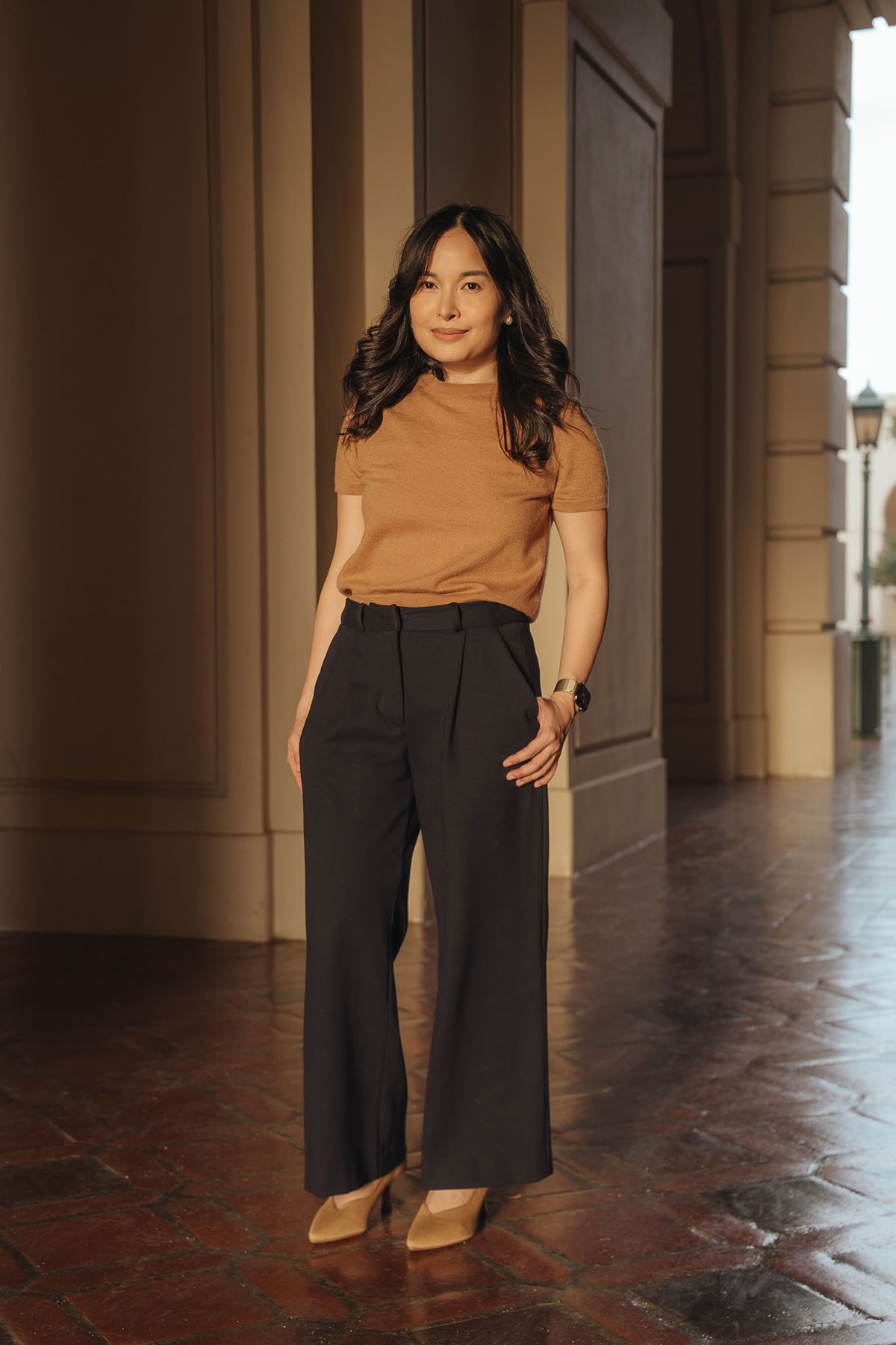 Petite dress pants in Midnight, a deep navy blue, styled for work outdoors at Pasadena City Hall, The Petite Standard